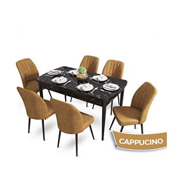 Canisa Mun Serisi 80x132 cm Açılabilir Mdf Siyah Mermer Desen 6 Cappucino Sandalye Masa Takımı