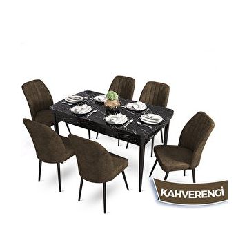 Canisa Mun Serisi 80x132 cm Açılabilir Mdf Siyah Mermer Desen 6 Kahverengi Sandalye Masa Takımı