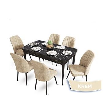 Canisa Mun Serisi 80x132 cm Açılabilir Mdf Siyah Mermer Desen 6 Krem Sandalye Masa Takımı