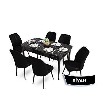 Canisa Mun Serisi 80x132 cm Açılabilir Mdf Siyah Mermer Desen 6 Siyah Sandalye Masa Takımı