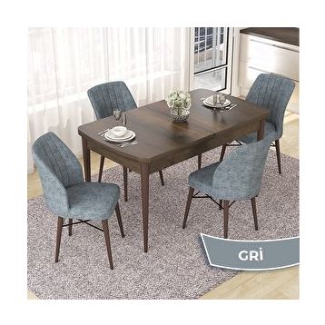 Canisa Nef Serisi 70x114 cm Açılabilir Mdf Barok Ahşap Desen 4 Gri Sandalye Masa Takımı