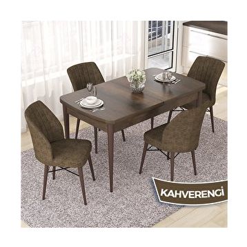 Canisa Nef Serisi 70x114 cm Açılabilir Mdf Barok Ahşap Desen 4 Kahverengi Sandalye Masa Takımı