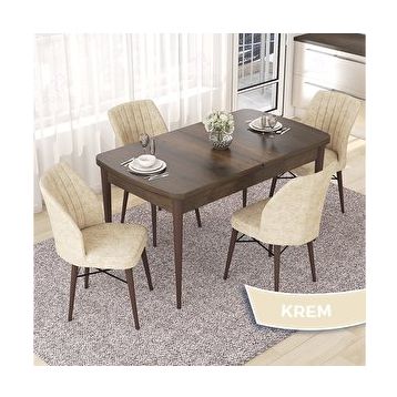 Canisa Nef Serisi 70x114 cm Açılabilir Mdf Barok Ahşap Desen 4 Krem Sandalye Masa Takımı