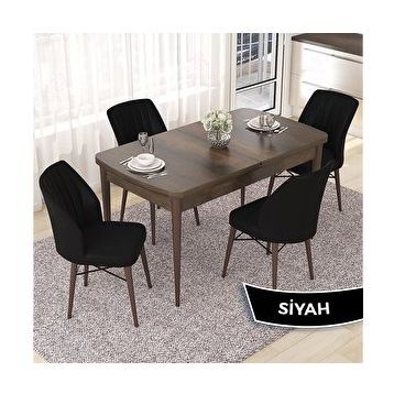 Canisa Nef Serisi 70x114 cm Açılabilir Mdf Barok Ahşap Desen 4 Siyah Sandalye Masa Takımı