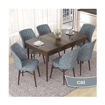 Canisa Nef Serisi 70x114 cm Açılabilir Mdf Barok Ahşap Desen 6 Gri Sandalye Masa Takımı