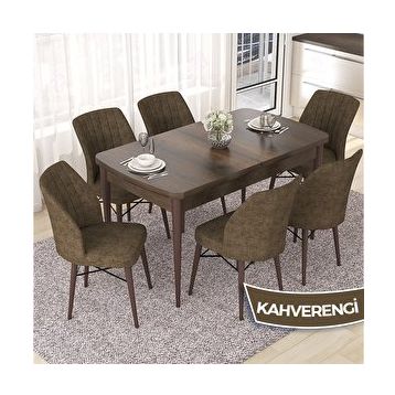 Canisa Nef Serisi 70x114 cm Açılabilir Mdf Barok Ahşap Desen 6 Kahverengi Sandalye Masa Takımı
