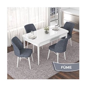 Canisa Nef Serisi 70x114 cm Açılabilir Mdf Beyaz 4 Füme Sandalye Masa Takımı