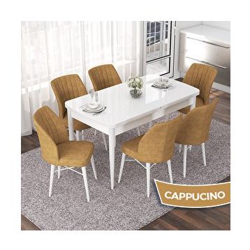 Canisa Nef Serisi 70x114 cm Açılabilir Mdf Beyaz 6 Cappucino Sandalye Masa Takımı