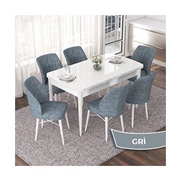 Canisa Nef Serisi 70x114 cm Açılabilir Mdf Beyaz 6 Gri Sandalye Masa Takımı