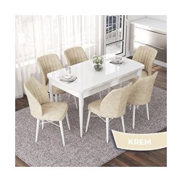Canisa Nef Serisi 70x114 cm Açılabilir Mdf Beyaz 6 Krem Sandalye Masa Takımı