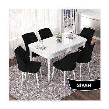 Canisa Nef Serisi 70x114 cm Açılabilir Mdf Beyaz 6 Siyah Sandalye Masa Takımı