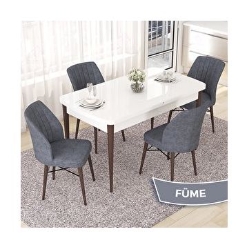Canisa Nef Serisi 70x114 cm Açılabilir Mdf Beyaz Ceviz Ayak 4 Füme Sandalye Masa Takımı