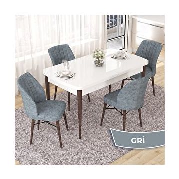 Canisa Nef Serisi 70x114 cm Açılabilir Mdf Beyaz Ceviz Ayak 4 Gri Sandalye Masa Takımı