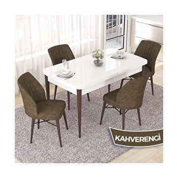 Canisa Nef Serisi 70x114 cm Açılabilir Mdf Beyaz Ceviz Ayak 4 Kahverengi Sandalye Masa Takımı