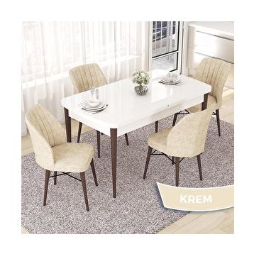 Canisa Nef Serisi 70x114 cm Açılabilir Mdf Beyaz Ceviz Ayak 4 Krem Sandalye Masa Takımı