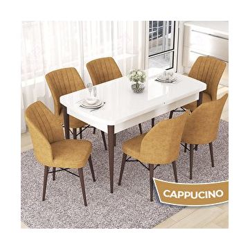 Canisa Nef Serisi 70x114 cm Açılabilir Mdf Beyaz Ceviz Ayak 6 Cappucino Sandalye Masa Takımı