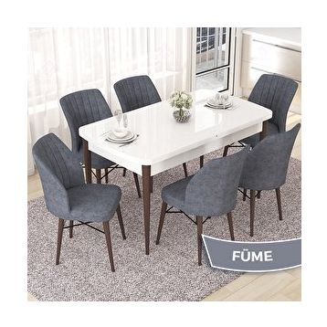 Canisa Nef Serisi 70x114 cm Açılabilir Mdf Beyaz Ceviz Ayak 6 Füme Sandalye Masa Takımı