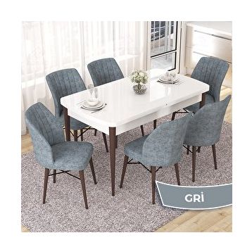 Canisa Nef Serisi 70x114 cm Açılabilir Mdf Beyaz Ceviz Ayak 6 Gri Sandalye Masa Takımı