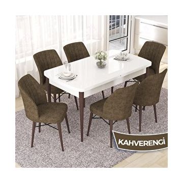 Canisa Nef Serisi 70x114 cm Açılabilir Mdf Beyaz Ceviz Ayak 6 Kahverengi Sandalye Masa Takımı