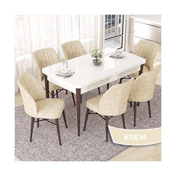 Canisa Nef Serisi 70x114 cm Açılabilir Mdf Beyaz Ceviz Ayak 6 Krem Sandalye Masa Takımı