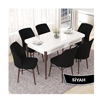 Canisa Nef Serisi 70x114 cm Açılabilir Mdf Beyaz Ceviz Ayak 6 Siyah Sandalye Masa Takımı