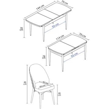 Canisa Nef Serisi 70x114 cm Açılabilir Mdf Beyaz Ceviz Ayak 6 Siyah Sandalye Masa Takımı