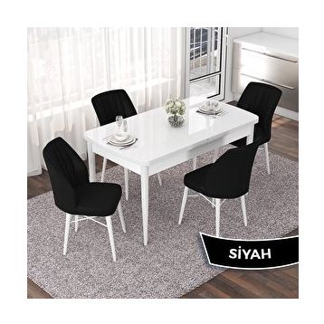 Canisa Nef Serisi 70x114 cm Açılabilir Mdf Beyaz Masa Takımı ve 4 Siyah Sandalye Masa Takımı