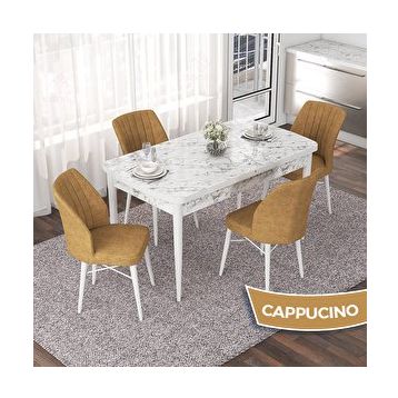 Canisa Nef Serisi 70x114 cm Açılabilir Mdf Beyaz Mermer Desen 4 Cappucino Sandalye Masa Takımı