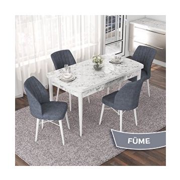 Canisa Nef Serisi 70x114 cm Açılabilir Mdf Beyaz Mermer Desen 4 Füme Sandalye Masa Takımı