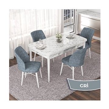 Canisa Nef Serisi 70x114 cm Açılabilir Mdf Beyaz Mermer Desen 4 Gri Sandalye Masa Takımı