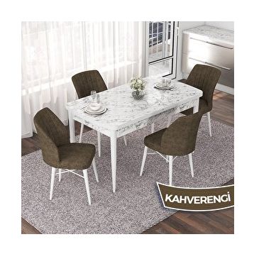 Canisa Nef Serisi 70x114 cm Açılabilir Mdf Beyaz Mermer Desen 4 Kahverengi Sandalye Masa Takımı