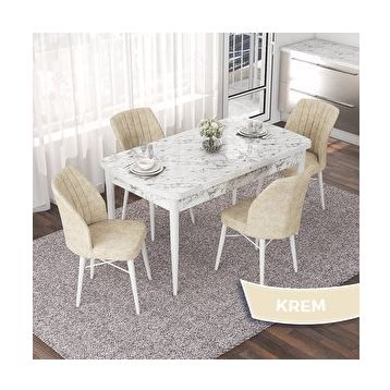 Canisa Nef Serisi 70x114 cm Açılabilir Mdf Beyaz Mermer Desen 4 Krem Sandalye Masa Takımı