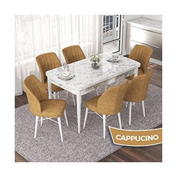 Canisa Nef Serisi 70x114 cm Açılabilir Mdf Beyaz Mermer Desen 6 Cappucino Sandalye Masa Takımı