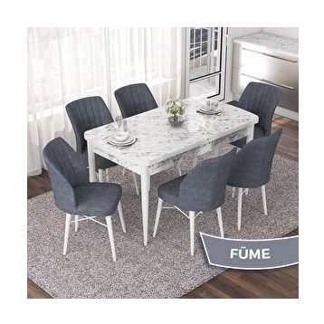 Canisa Nef Serisi 70x114 cm Açılabilir Mdf Beyaz Mermer Desen 6 Füme Sandalye Masa Takımı