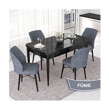 Canisa Nef Serisi 70x114 cm Açılabilir Mdf Siyah Mermer Desen 4 Füme Sandalye Masa Takımı
