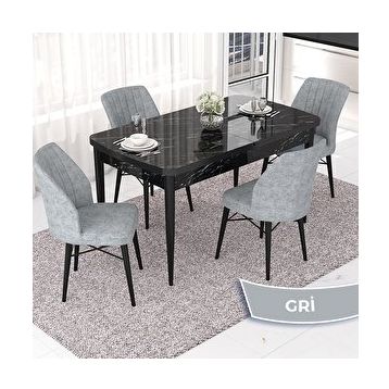 Canisa Nef Serisi 70x114 cm Açılabilir Mdf Siyah Mermer Desen 4 Gri Sandalye Masa Takımı