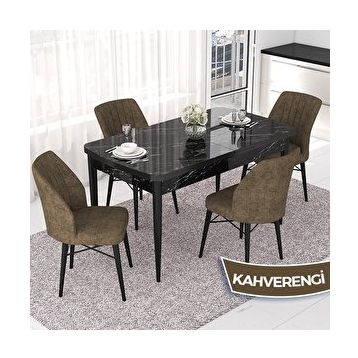 Canisa Nef Serisi 70x114 cm Açılabilir Mdf Siyah Mermer Desen 4 Kahverengi Sandalye Masa Takımı