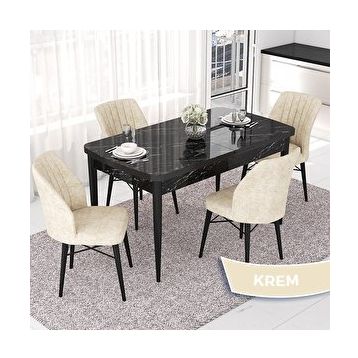 Canisa Nef Serisi 70x114 cm Açılabilir Mdf Siyah Mermer Desen 4 Krem Sandalye Masa Takımı
