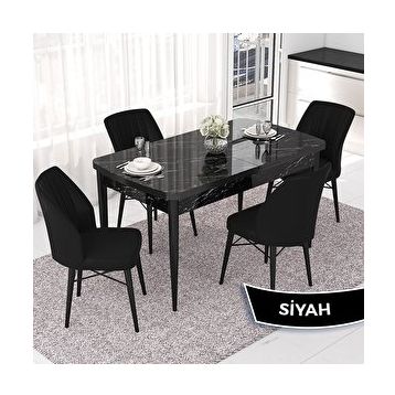 Canisa Nef Serisi 70x114 cm Açılabilir Mdf Siyah Mermer Desen 4 Siyah Sandalye Masa Takımı