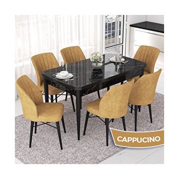Canisa Nef Serisi 70x114 cm Açılabilir Mdf Siyah Mermer Desen 6 Cappucino Sandalye Masa Takımı