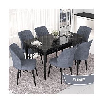 Canisa Nef Serisi 70x114 cm Açılabilir Mdf Siyah Mermer Desen 6 Füme Sandalye Masa Takımı