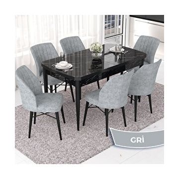 Canisa Nef Serisi 70x114 cm Açılabilir Mdf Siyah Mermer Desen 6 Gri Sandalye Masa Takımı