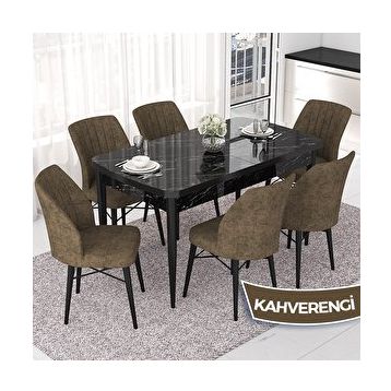 Canisa Nef Serisi 70x114 cm Açılabilir Mdf Siyah Mermer Desen 6 Kahverengi Sandalye Masa Takımı