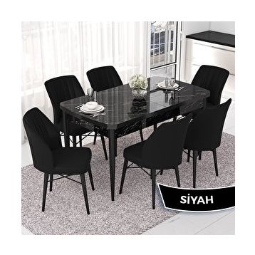 Canisa Nef Serisi 70x114 cm Açılabilir Mdf Siyah Mermer Desen 6 Siyah Sandalye Masa Takımı