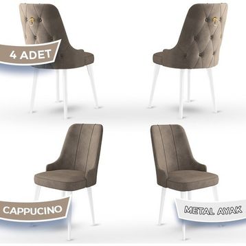 Canisa Newa Serisi 4 Adet 1. Sınıf Babyface Kumaş Beyaz Metal Ayaklı Gold Halkalı Cappucino Sandalye