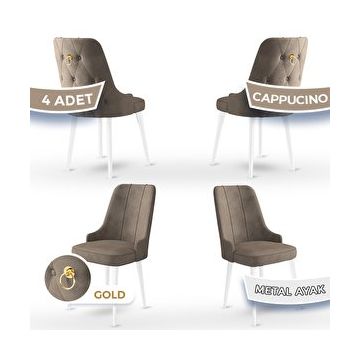 Canisa Newa Serisi 4 Adet 1. Sınıf Babyface Kumaş Beyaz Metal Ayaklı Gold Halkalı Cappucino Sandalye