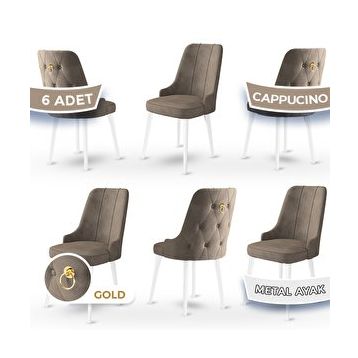 Canisa Newa Serisi 6 Adet 1. Sınıf Babyface Kumaş Beyaz Metal Ayaklı Gold Halkalı Cappucino Sandalye
