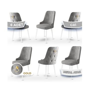 Canisa Newa Serisi 6 Adet 1. Sınıf Babyface Kumaş Beyaz Metal Ayaklı Gold Halkalı Gri Sandalye