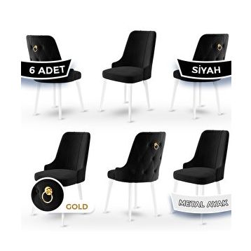 Canisa Newa Serisi 6 Adet 1. Sınıf Babyface Kumaş Beyaz Metal Ayaklı Gold Halkalı Siyah Sandalye