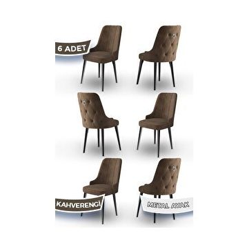 Canisa Newa Serisi 6 Adet 1. Sınıf Babyface Kumaş Kahve Metal Ayaklı Gümüş Halkalı Siyah Sandalye